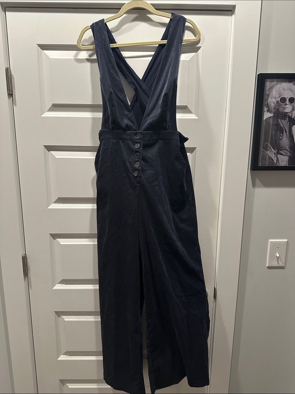 Lush Navy Corduroy Wide-Leg Jumpsuit with Cross-Back Button Straps M